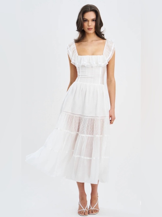 Miss Circle Dresses & Skirts - Eden Square Neck Ruffle Trim High Waist Midi Dress with Sheer Tiered Skirt